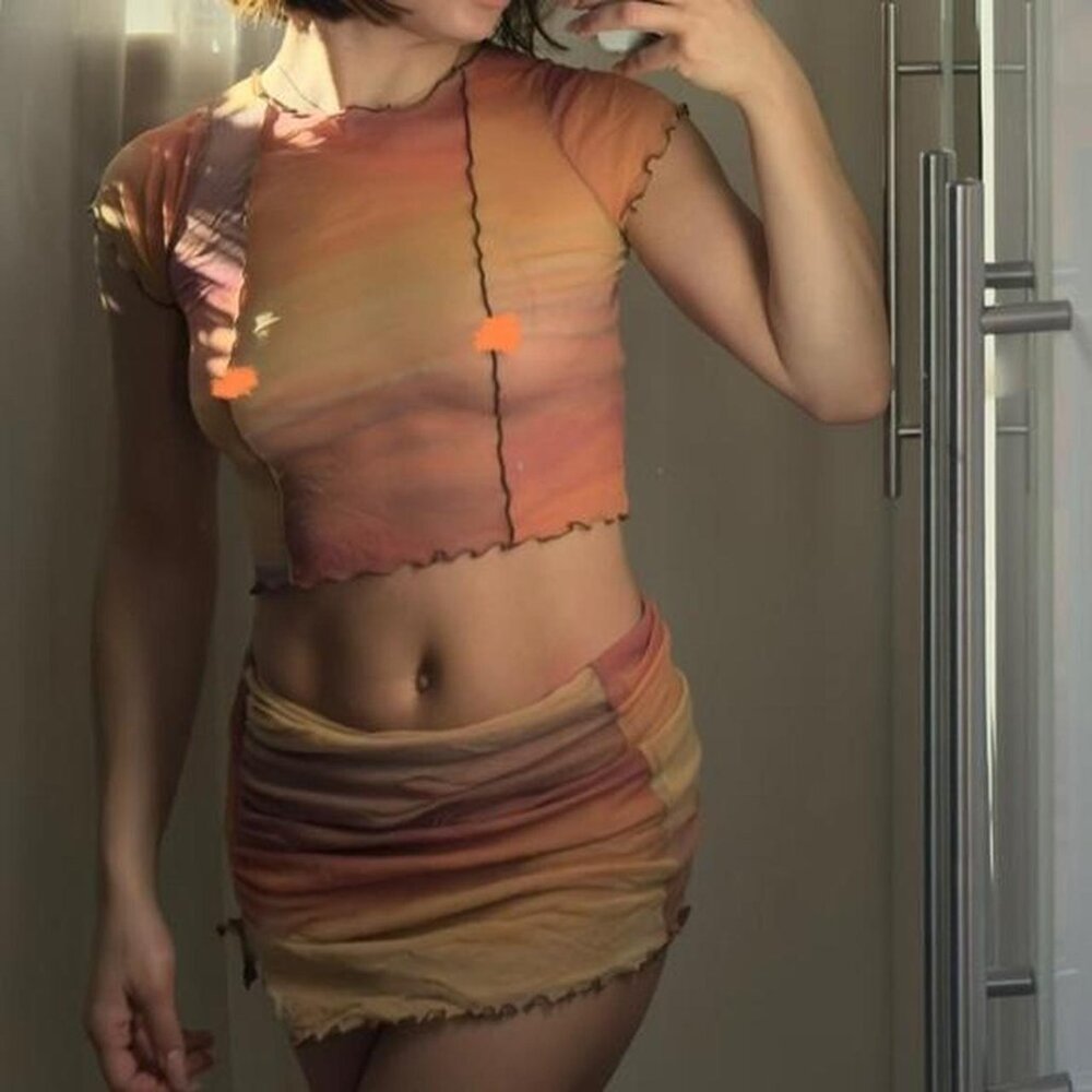 sheer sunset colored skirt and tshirt set with contrast stitching